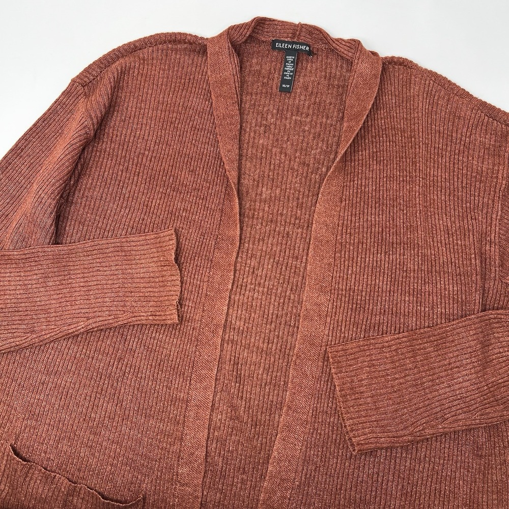 Eileen Fisher Organic‎ Linen Ribbed Open Cardigan Rust Orange XS Pockets